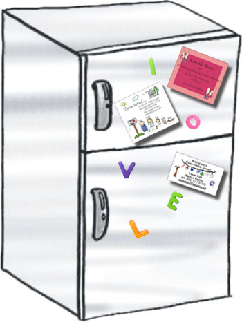 drawing of a refrigerator with a note on it